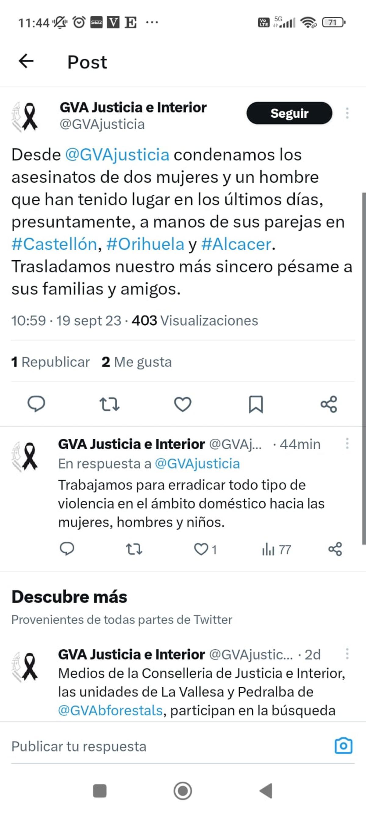 Tuit publicado por la Conselleria de Justicia.