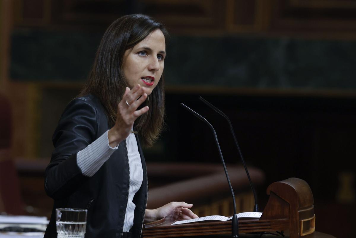 La secretaria general de Podemos, Ione Belarra,  en su intervención en el Congreso donde comparece Pedro Sánchez.
