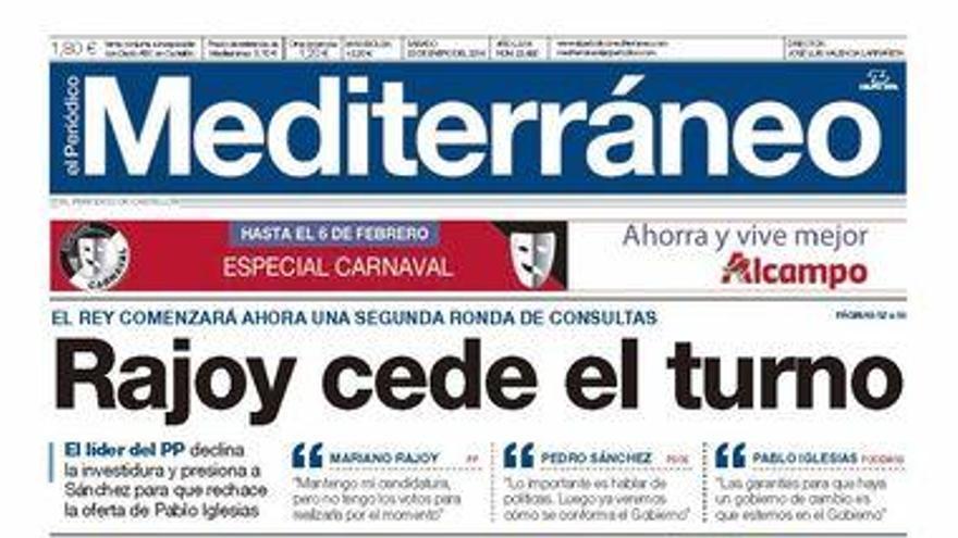 Rajoy cede el turno, en la portada de Mediterráneo