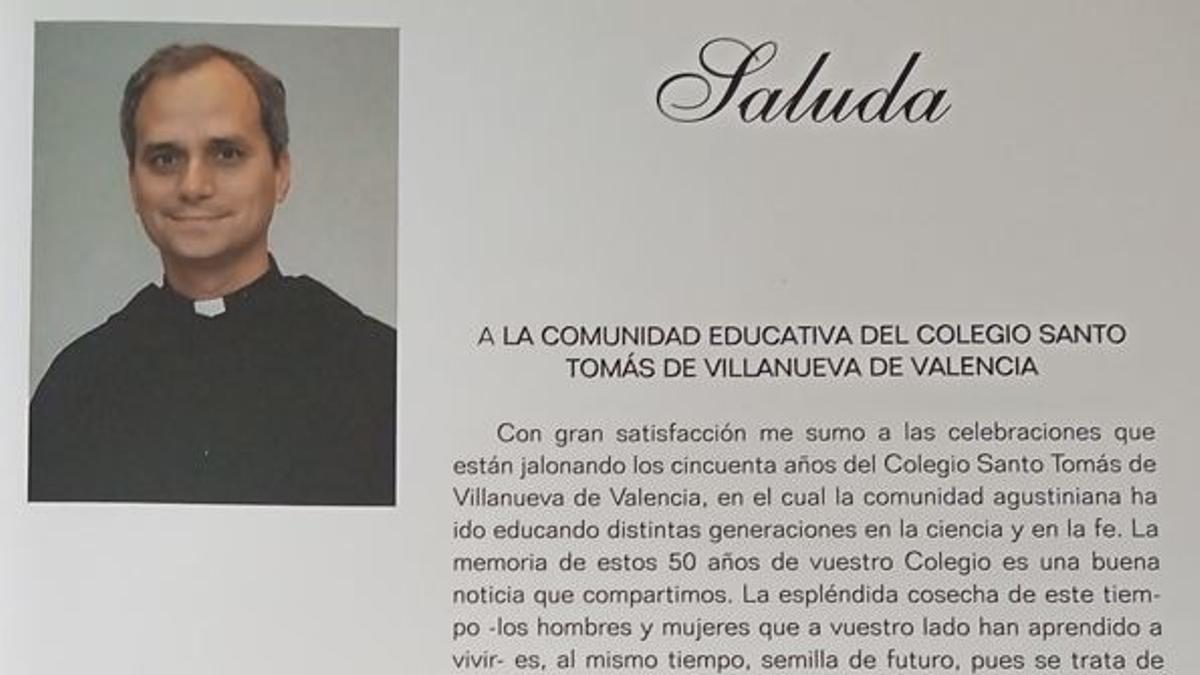 El saluda de Prevost, en el anuario del 50 aniversario del Santo Tomás de Villanueva.