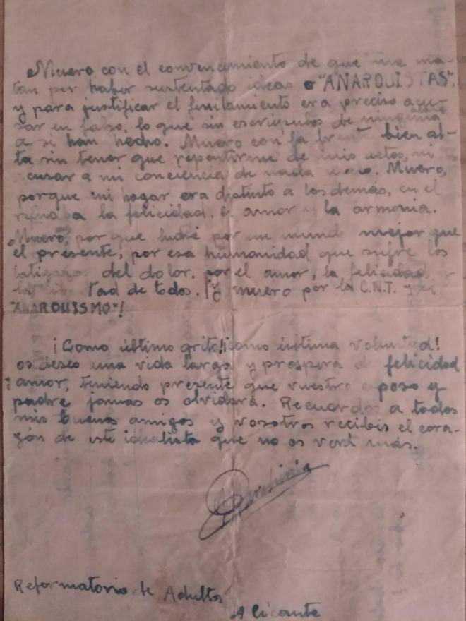 Carta de despedida de Vicente Machirán cuando le comunicaron que sería fusilado.