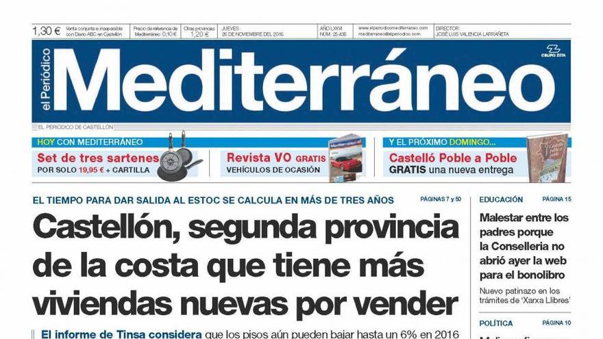 Castellón es la segunda provincia de la costa con más pisos nuevos por vender, en la portada de Mediterráneo