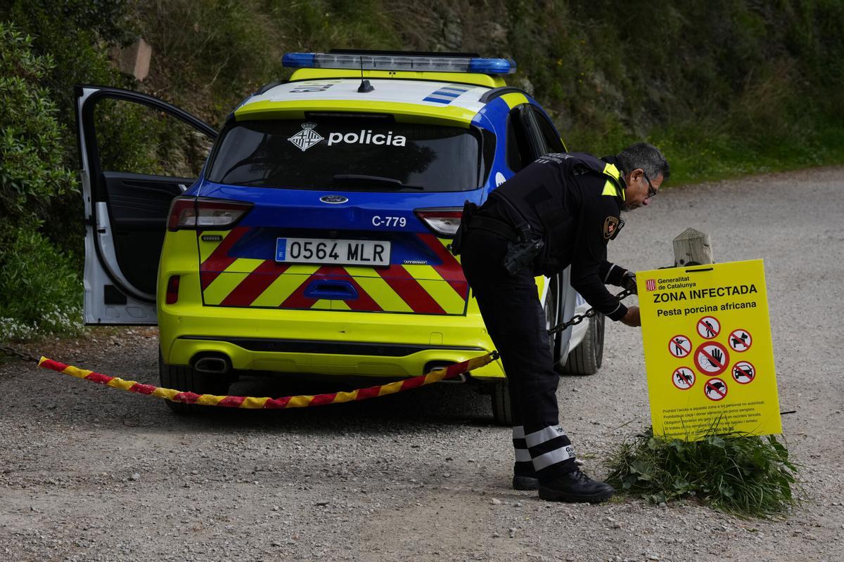 Agentes de la Guardia Urbana colocan carteles informando del cierre del acceso al Parque de Collserola