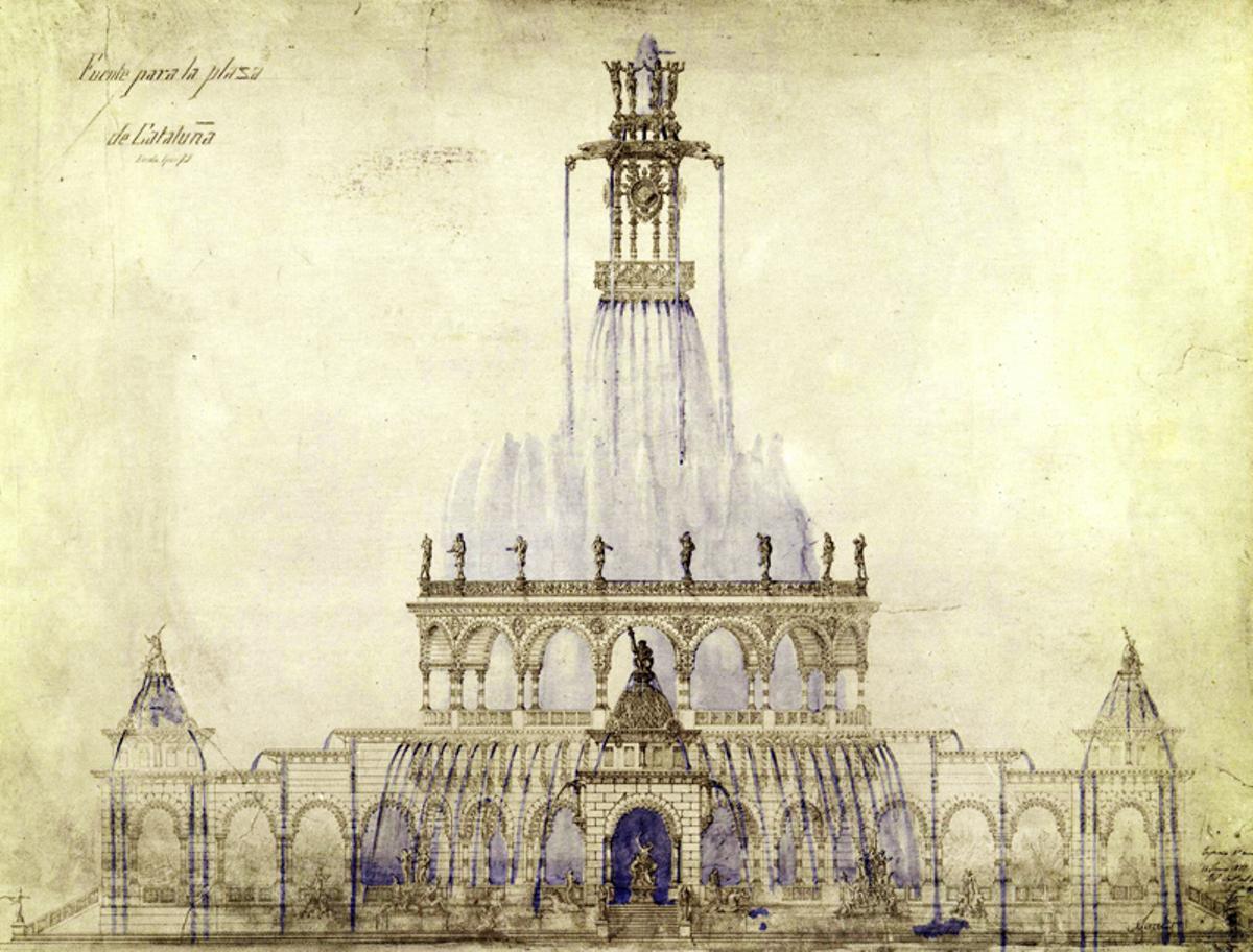 Una de las dos láminas que se conservan del proyecto de fuente para la plaza de Catalunya de Gaudí