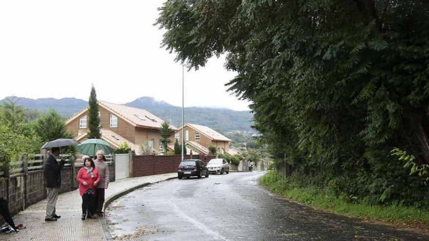 Unos vecinos ante las ramas de árboles del pazo que se inclinan sobre la carretera.