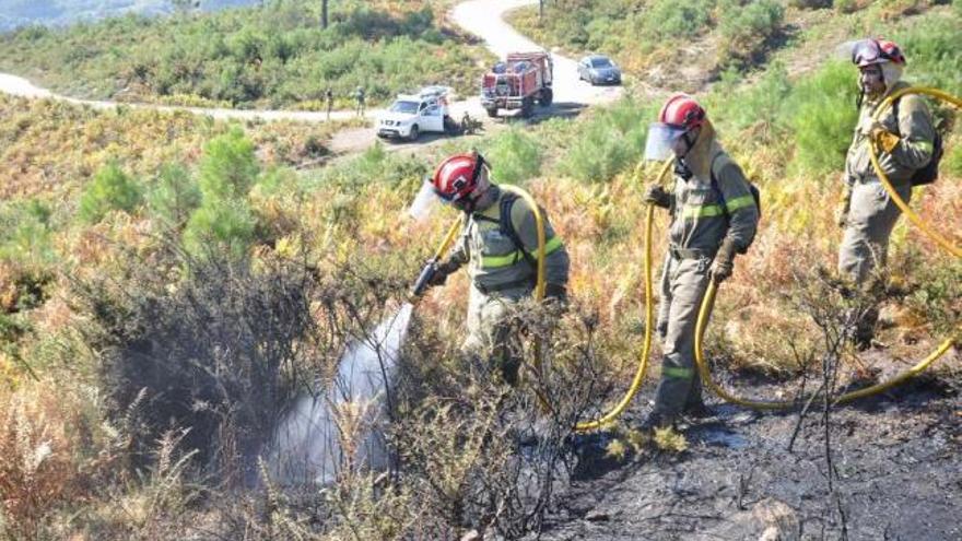 Tres brigadistas trabajan ayer en las labores de extinción del incendio declarado el lunes en A Cañiza. / g. porto