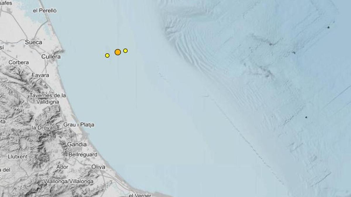 Localización de los movimientos sísmicos registrados este jueves frente a la costa de Cullera.