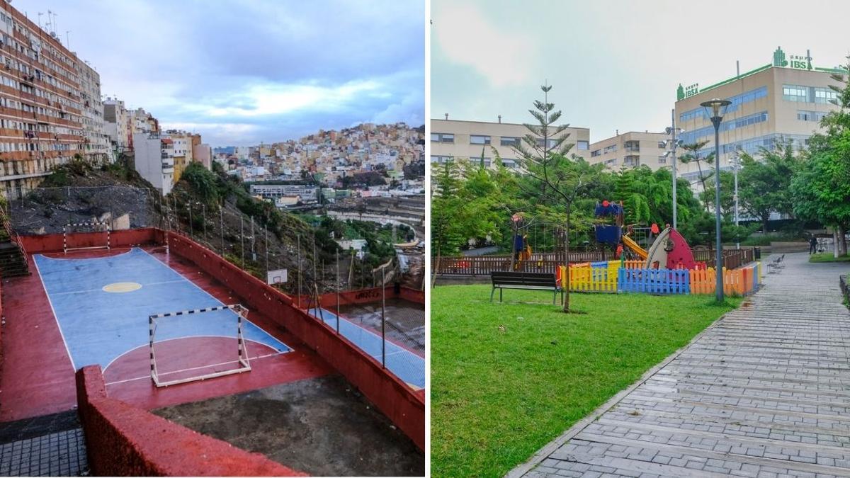 De izquierda a derecha, los parques de San Francisco y La Minilla, barrios de Las Palmas de Gran Canaria