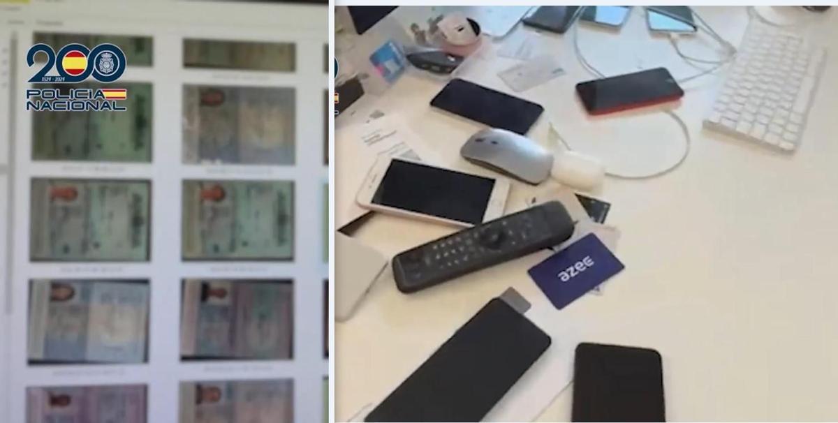 A la izquierda, identidades falsificadas o usurpadas por la banda. A la derecha, móviles conectdos a un ordenador para jugar online que utilizaba la organización desmantelada por la Policía.