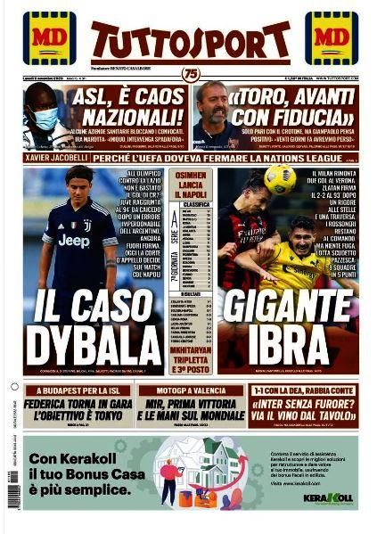 Portada TUTTOSPORT lunes 9 noviembre 2020