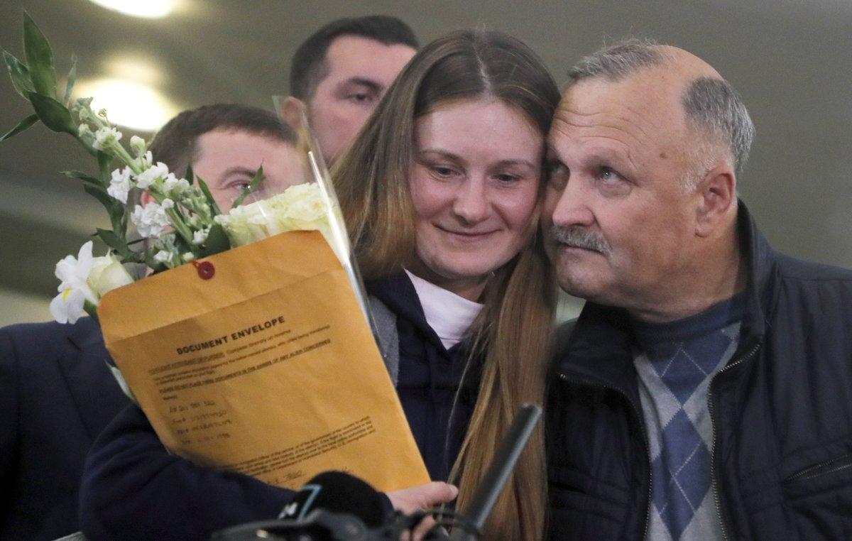 Moscow (Russian Federation), 26/10/2019.- Maria Butina (L) and her father Valery (R) speak with journalists after her arrival at Sheremetievo Airport in Moscow, Russia, 26 October 2019. According to media reports, Russian Maria Butina was released from US prison on 25 October 2019 after serving most of her 18-month term in prison for trying to infiltrate political groups in the US. (Rusia, Estados Unidos, Moscú) EFE/EPA/SERGEI ILNITSKY