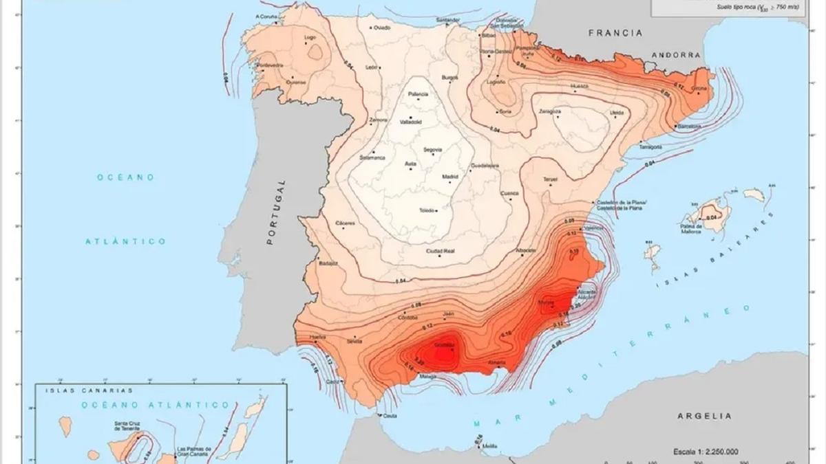 Mapa de riesgo de terremotos en España (en zonas más oscuras)