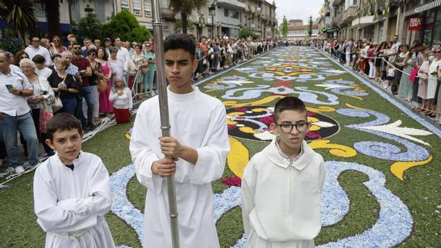 Alfombra de flores de la Rúa Constitución de Ponteareas en el pasado Corpus. // RICARDO GROBAS