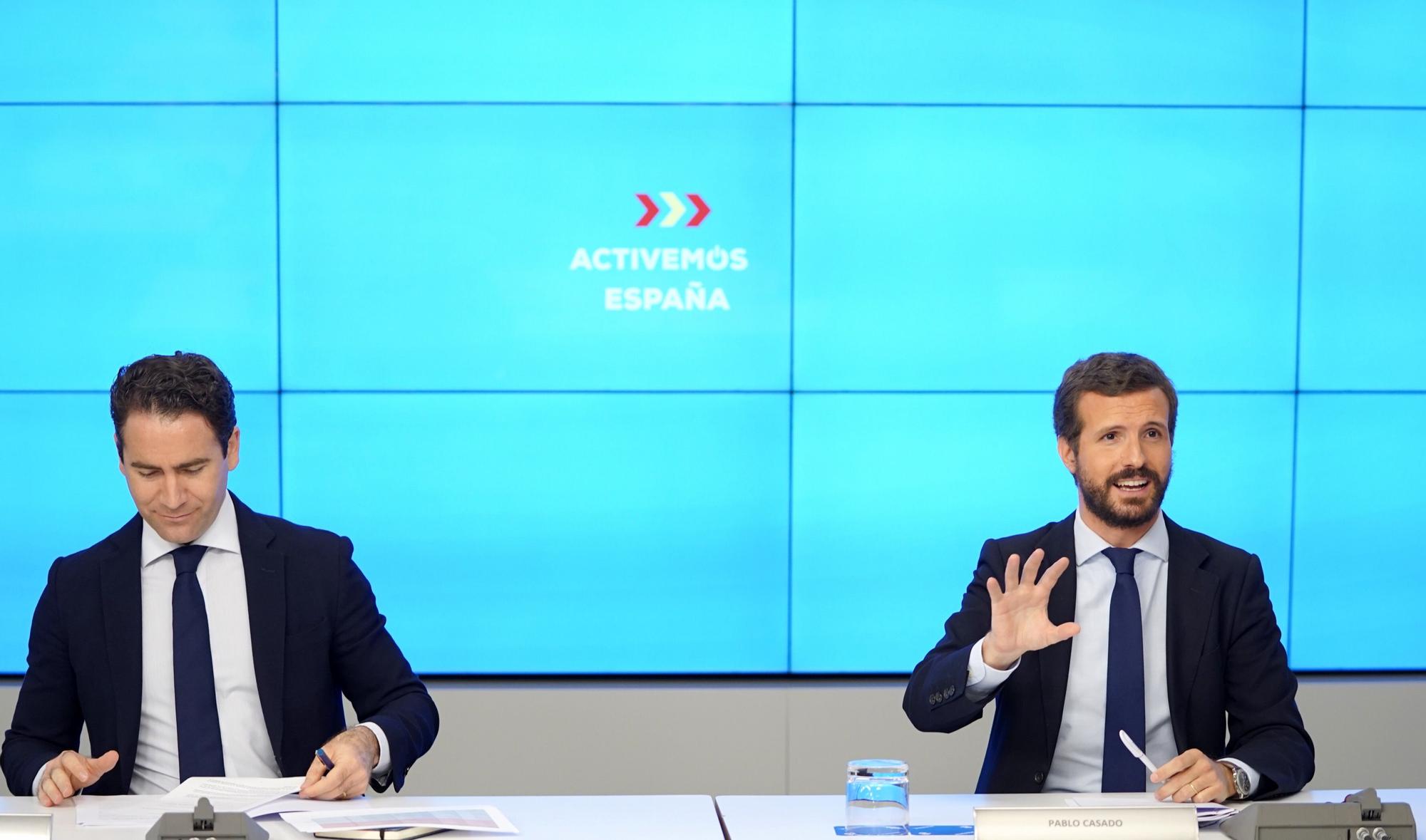El presidente del PP, Pablo Casado, y el secretario general, Teodoro García Egea, en Génova