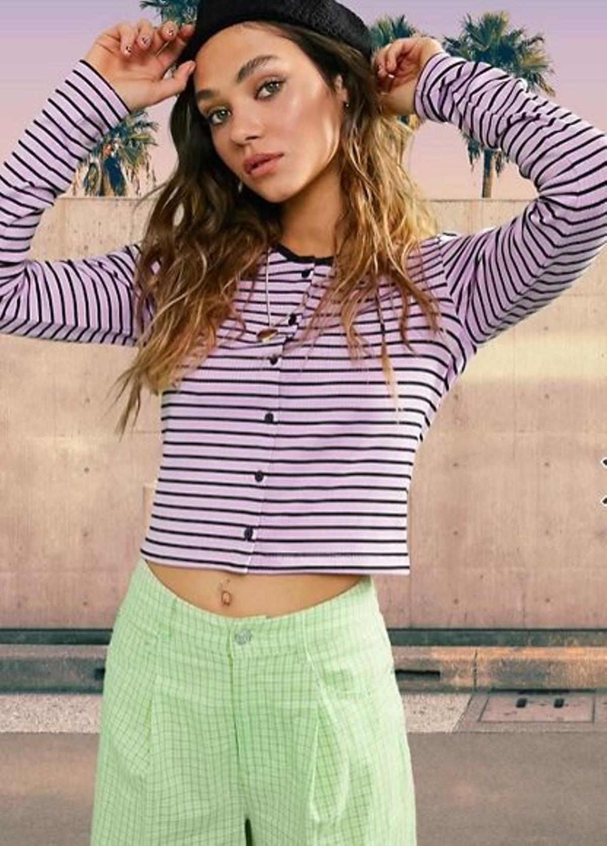 Top de rayas variadas de canalé con botones estilo 90 ajustado de ASOS DESIGN