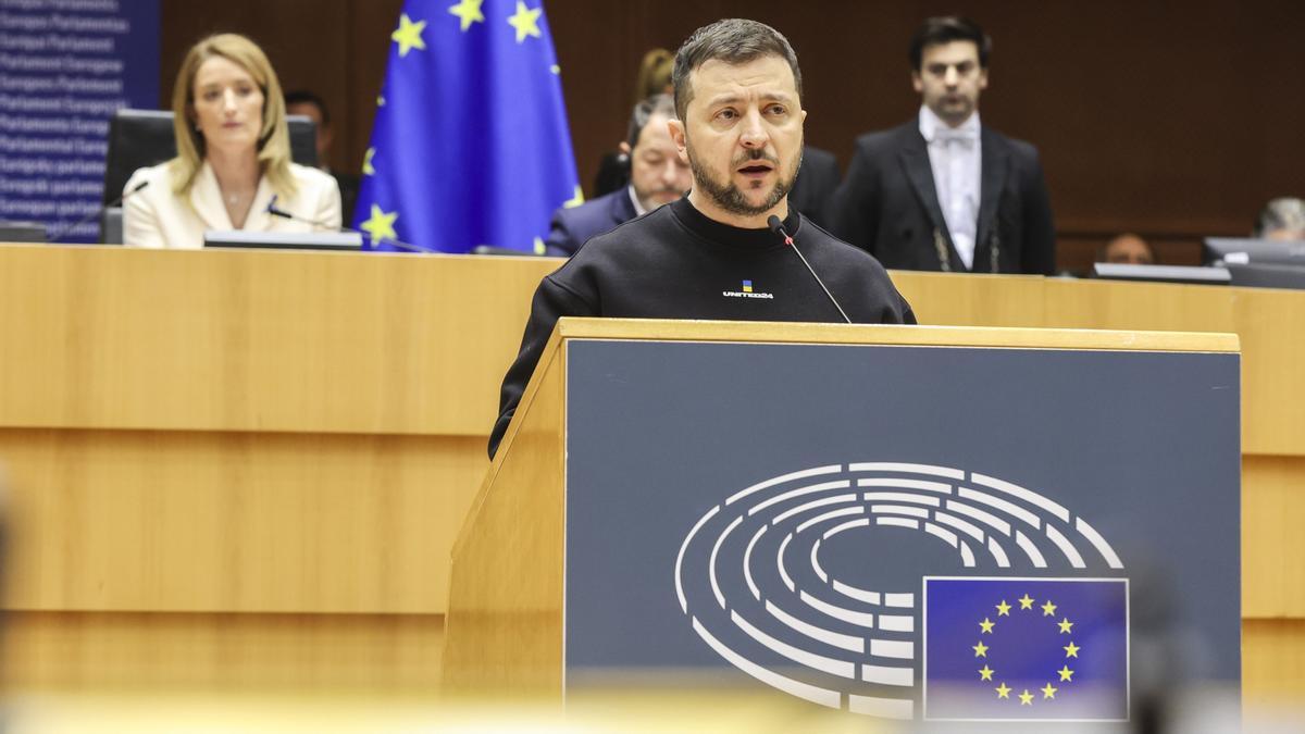 Volodimir Zelenski, durant el discurs davant del Parlament Europeu