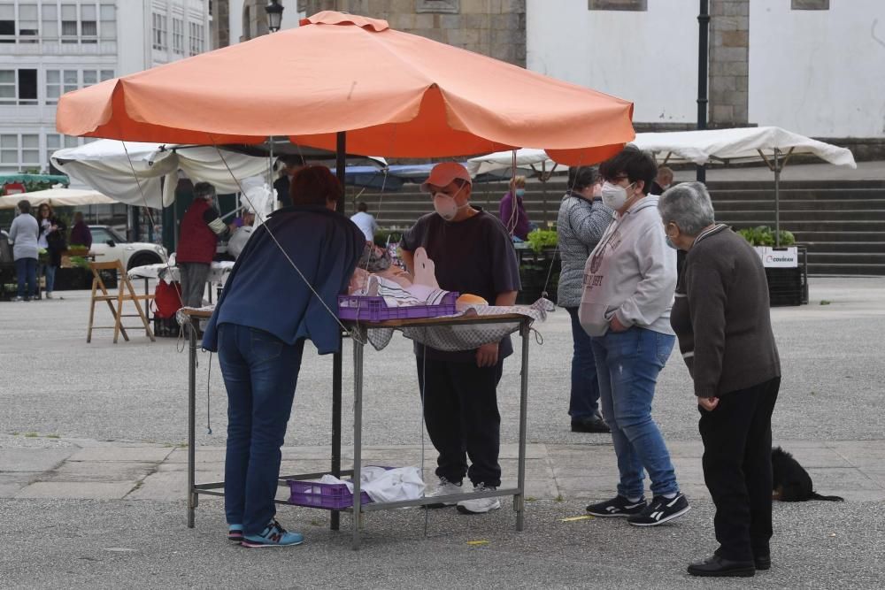 Una docena de vendedores de productos agroalimentarios de toda la comarca coruñesa acudieron a la plaza Irmáns García Naveira de Betanzos en el primer mercado semanal desde el inicio del confinamiento