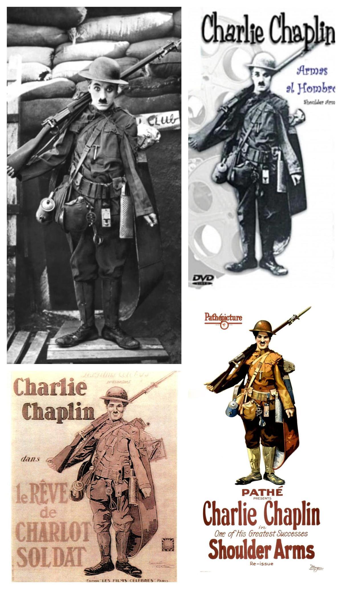 Foto original y reproducciones en cartelería del Chaplin de Armas al Hombro