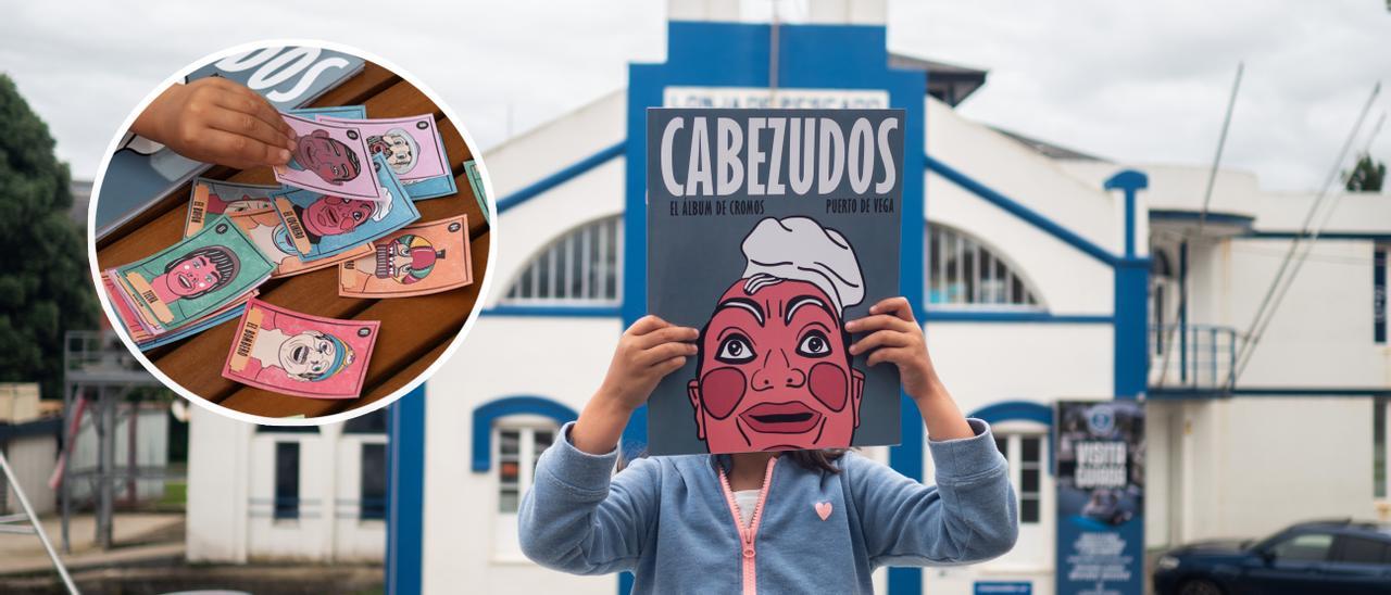 Una niña posa con el álbum de cromos. En el círculo, algunos de los coleccionables.