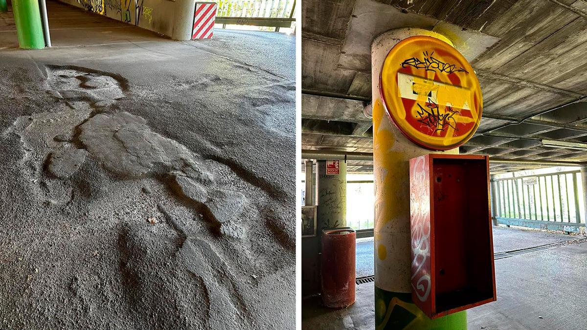 Daños en el asfalto y extintores vandalizados en el parking de la estación.