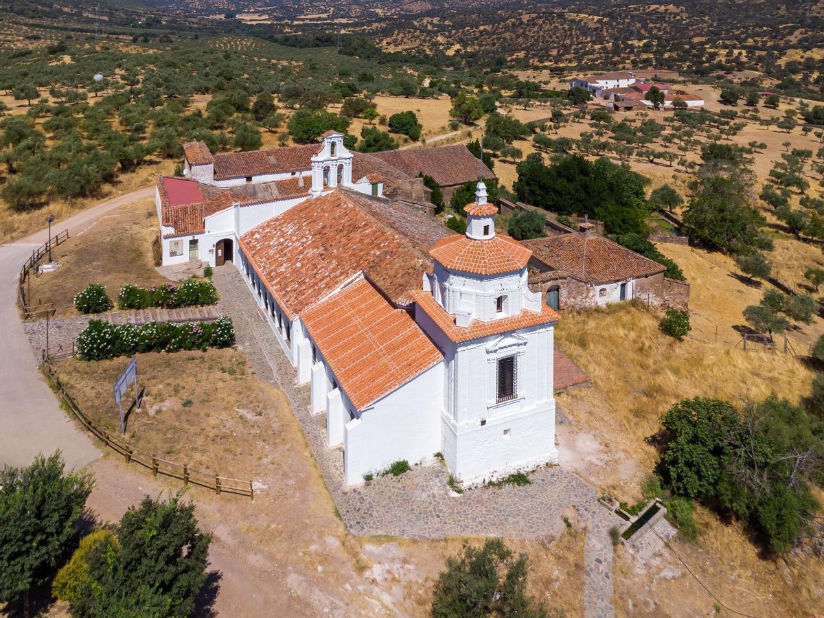 Badajoz, Spain. July 27, 2025. Aerial photograph of the Hermitage of Our Lady of Ara, in Fuente del Arco (Badajoz). East facade perspective.