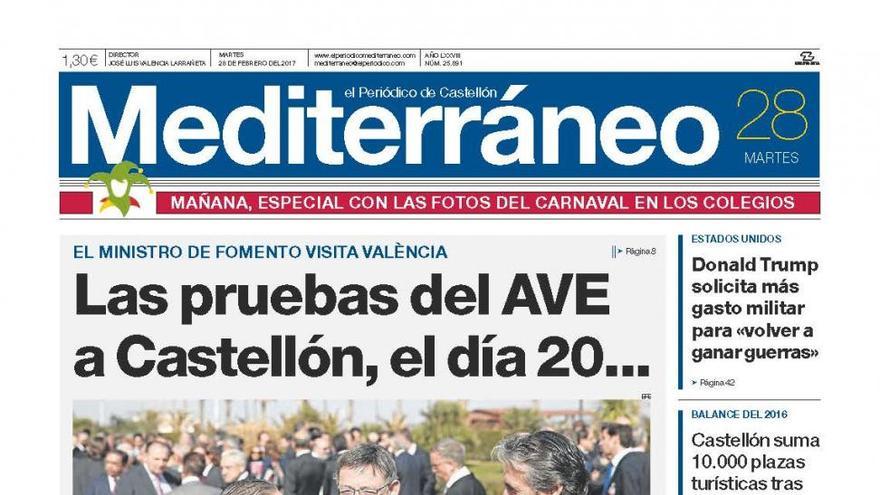 Las pruebas del AVE a Castellón comienzan el día 20, en la portada de Mediterráneo