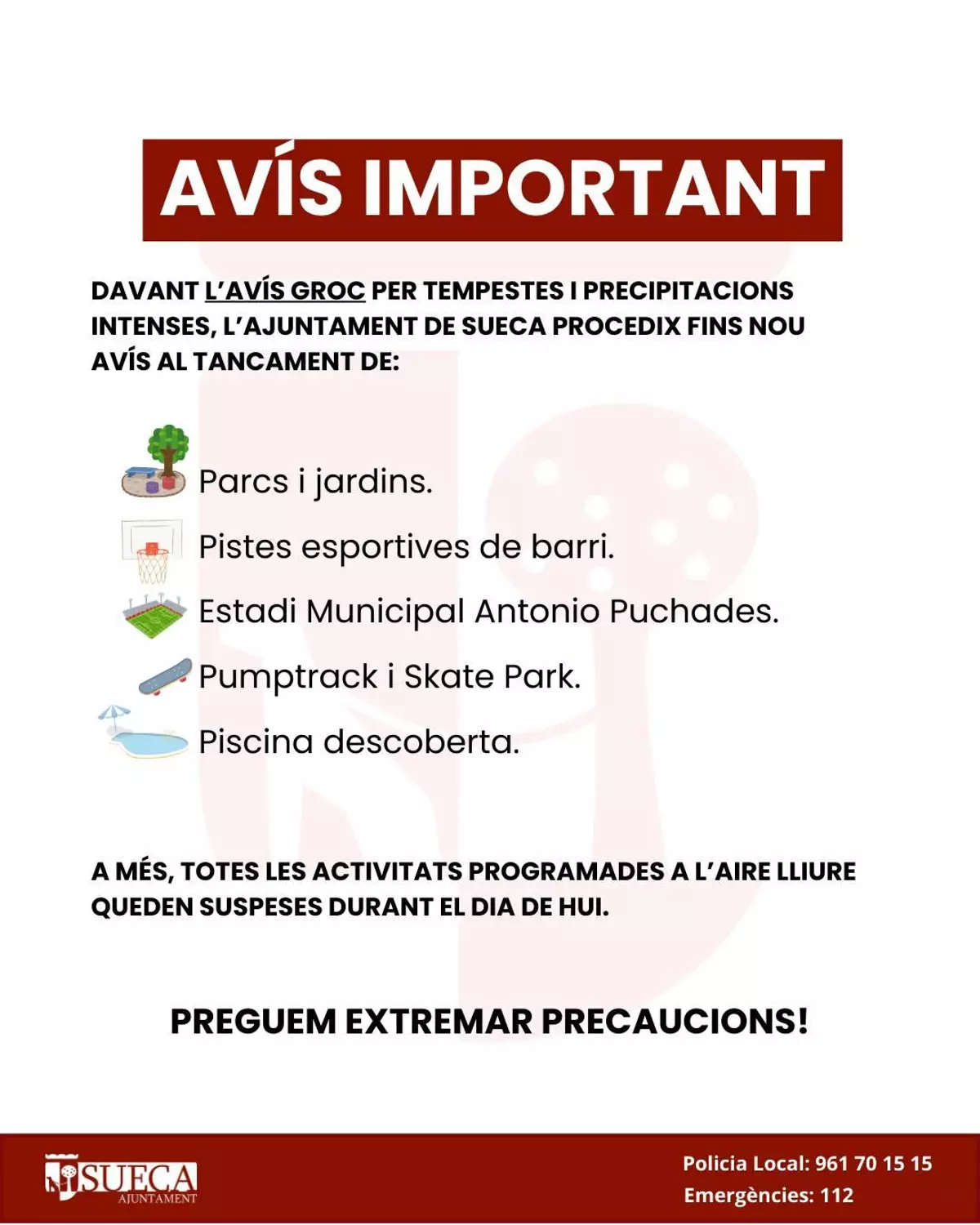 Cullera y Sueca cierran parques y jardines, instalaciones deportivas y suspenden actos al aire libre
