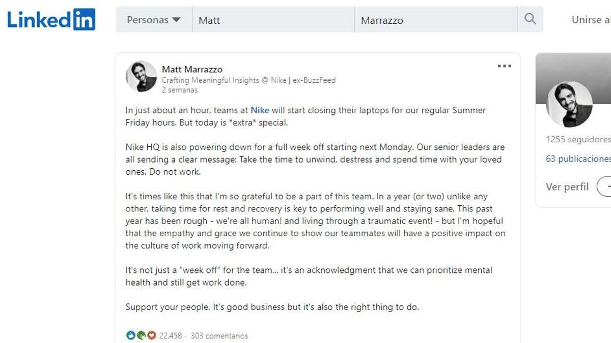 La publicación de Matt Marrazzo en Linkdin, en la que anunciaba la semana extra de descanso.