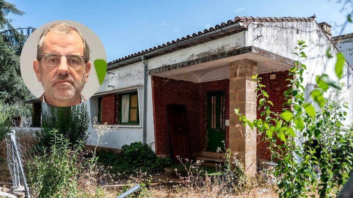 Viviendas abandonadas de la avenida de Cervantes en Cáceres. En el círculo, el portavoz de Vox Eduardo Gutiérrez.