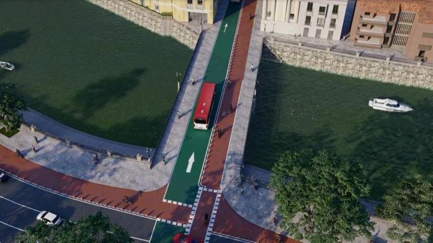 Recreación de cómo quedará el
paso por el Puente Viejo tras las
obras, con dos aceras peatonales
(gris), un carril bici (rojo) y un
carril bus (verde).  AYTO DE MURCIA