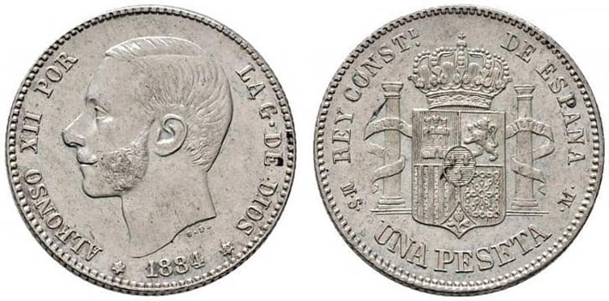 Peseta con el busto de Alfonso XII, acuñada en 1884.