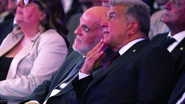 Joan Laporta, president del Barça, al costat de Javier Tebas, president de LaLiga, ahir a l’Auditori 1899. | FCB.
