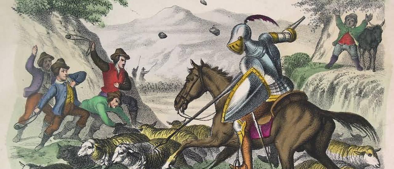 Ilustración: Los pastores apedrean a Don Quijote y le rompen las muelas