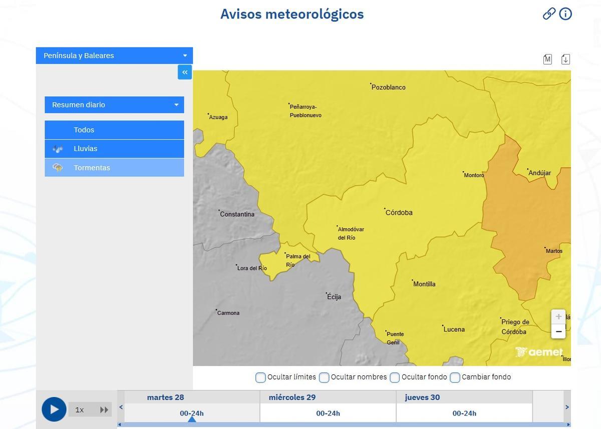 Avisos amarillos en toda la provincia de Córdoba, hoy martes.