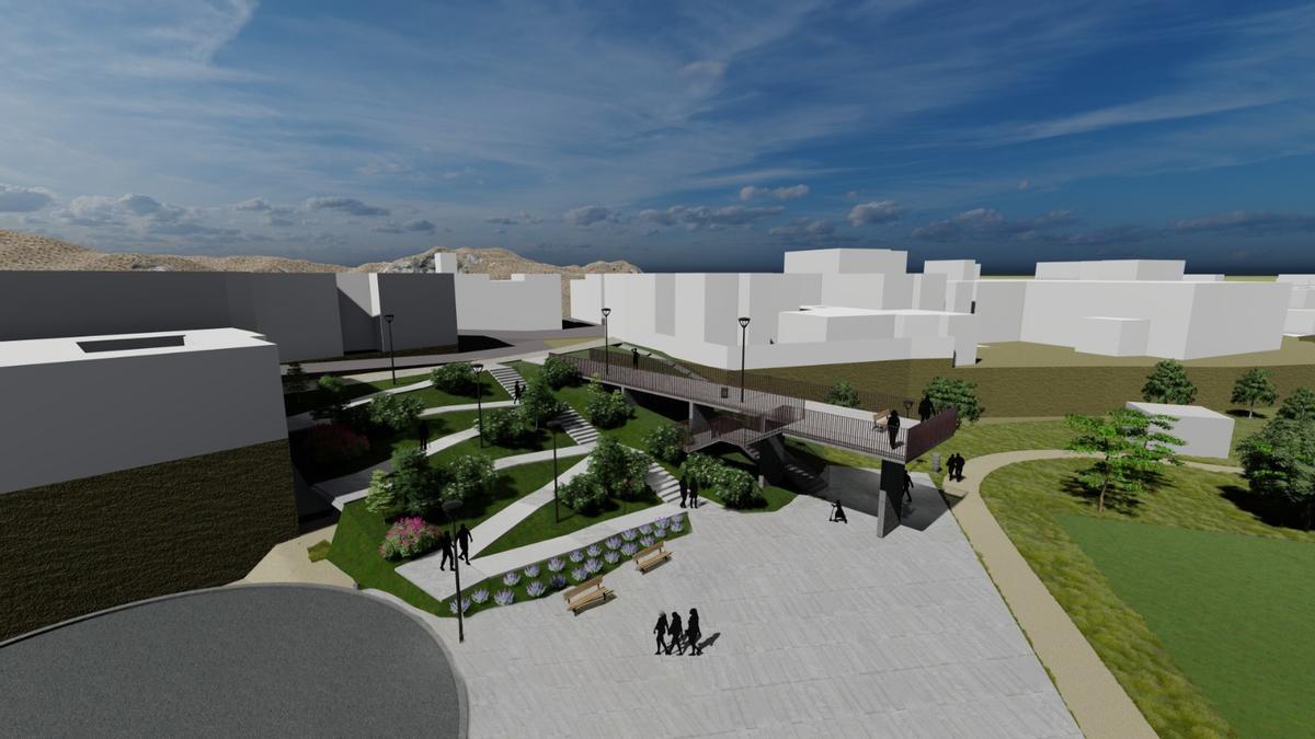 Recreación virtual del parque que surgirá de la transformación de la antigua parcela industrial de Los Llanos de Cristo.