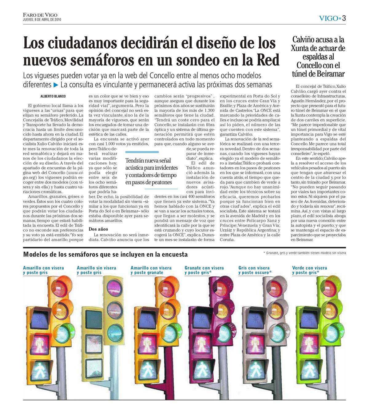 Página de FARO DE VIGO del 8 de abril de 2010 en la que se informaba de la votación convocada por el Concello para que los vigueses eligieron el diseño de los semáforos de la ciduad.