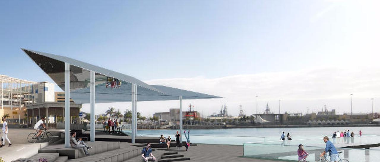 Infografía sobre la segunda fase del Parque Marítimo entre el muelle Santa Catalina y la Base Naval, diseñada por Romera y Ruiz Arquitectos.