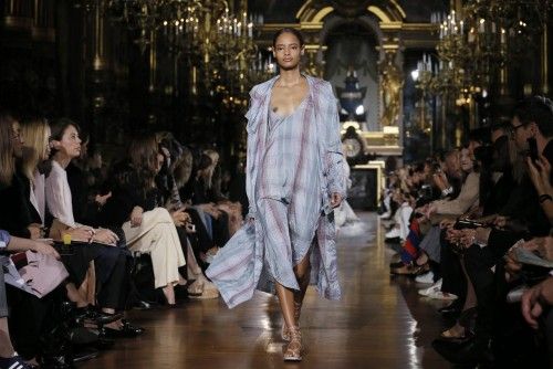 A model presents a creation by British designer Stella McCartney as part of her Spring/Summer 2015 women's ready-to-wear collection during Paris Fashion Week