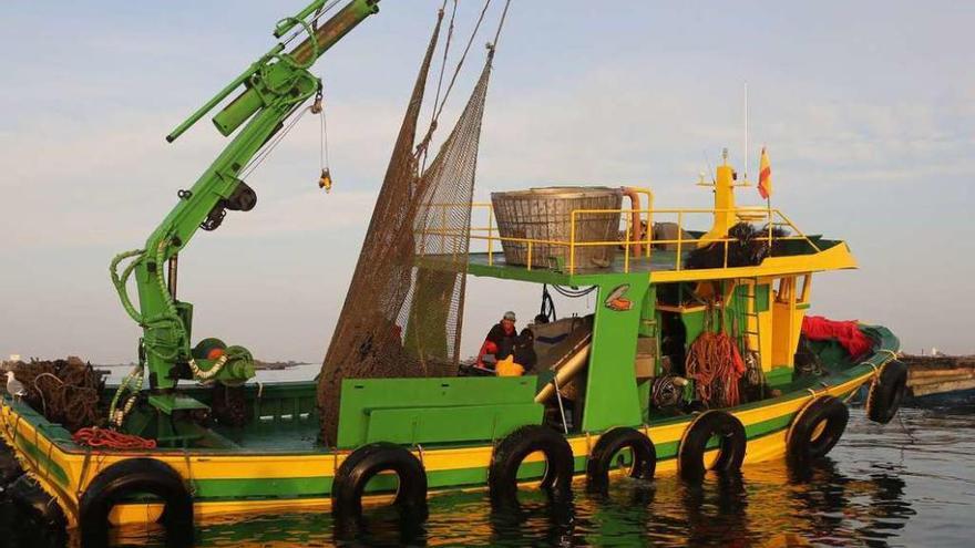 Un barco auxiliar de acuicultura en plena actividad, en aguas de O Grove. // Muñiz