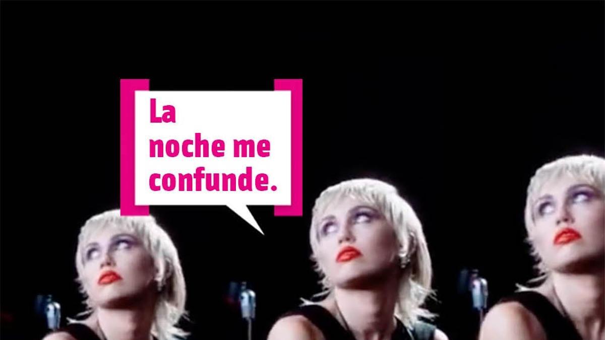 Miley Cyrus triplicada y con bocadillo: "La noche me confunde"
