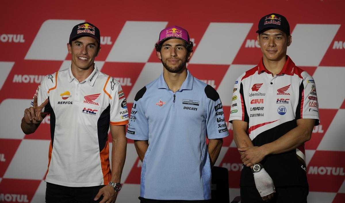 Marc Márquez, Enea Bastianini y Takaaki Nakagami, hoy, en Motegi.