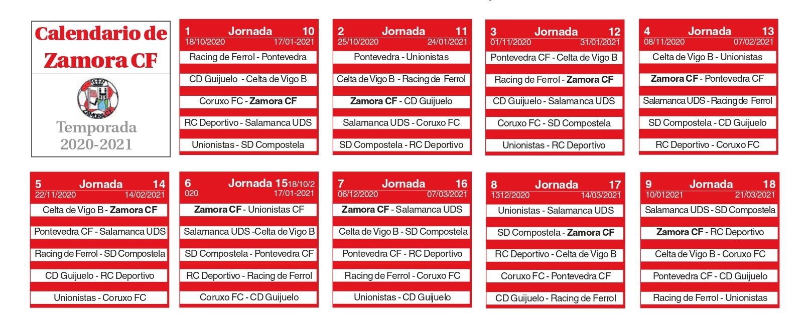 Calendario del Zamora CF 2020/2021 en Segunda B.