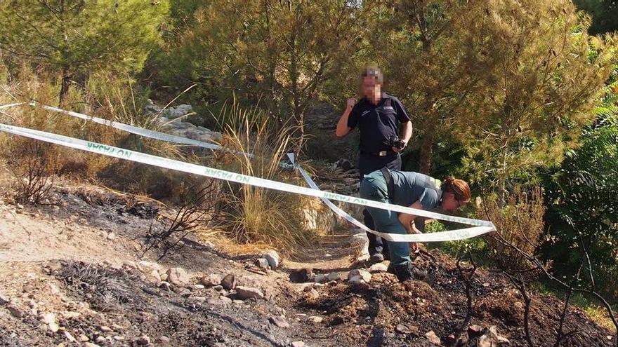 Los agentes del Seprona inspeccionando el lugar donde se originó el incendio.