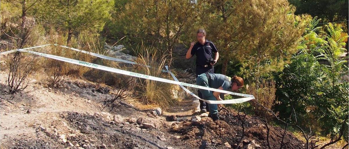 Los agentes del Seprona inspeccionando el lugar donde se originó el incendio.