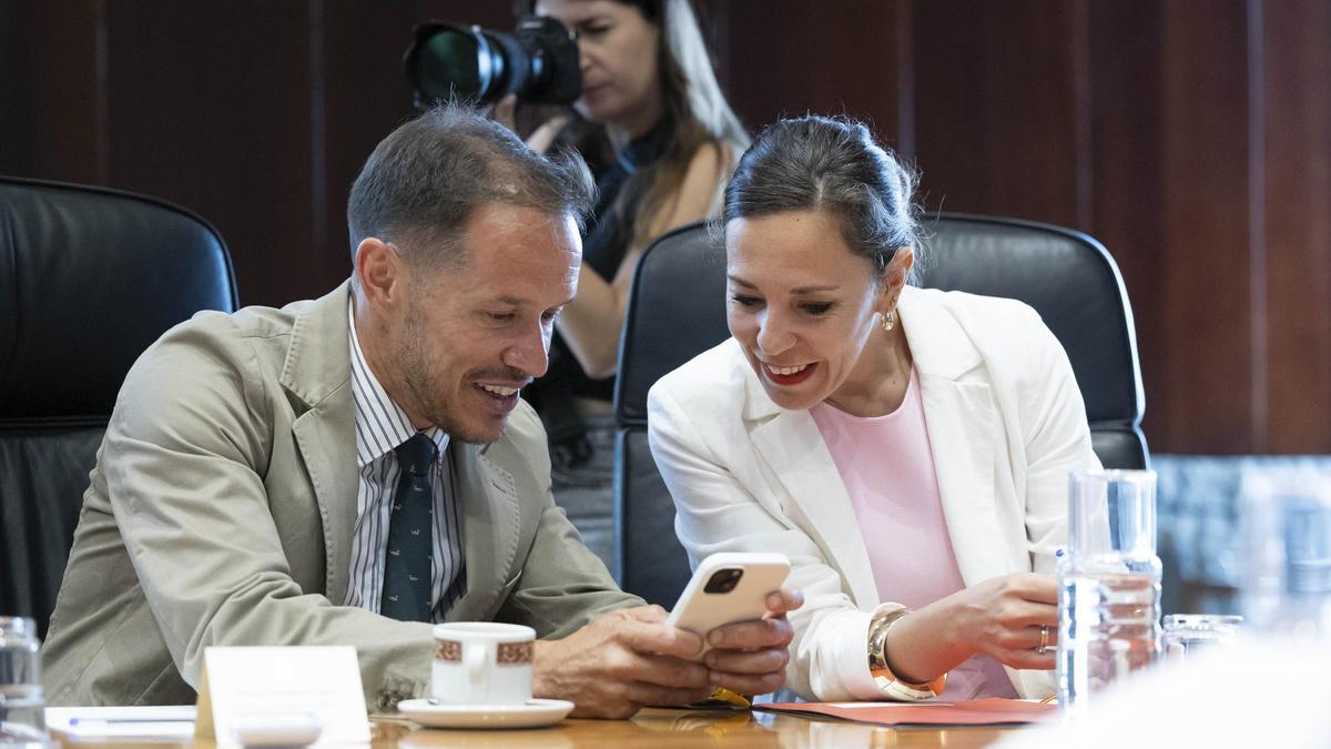 El consejero de Trasición Ecológica, Mariano Hernández Zapata, y la consejera de Turismo, Jéssica de León, ayer, en el Consejo de Gobierno.