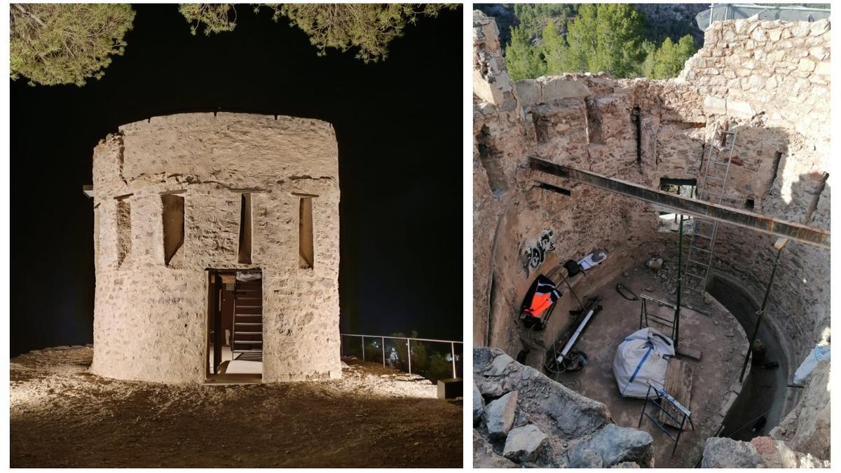 A la izquierda, la torre l'Oró iluminada. A la derecha, foto de las obras de restauración en su interior.