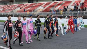 Los pilotos de F-1, en febrero de 2020, en el Circuit de Catalunya.