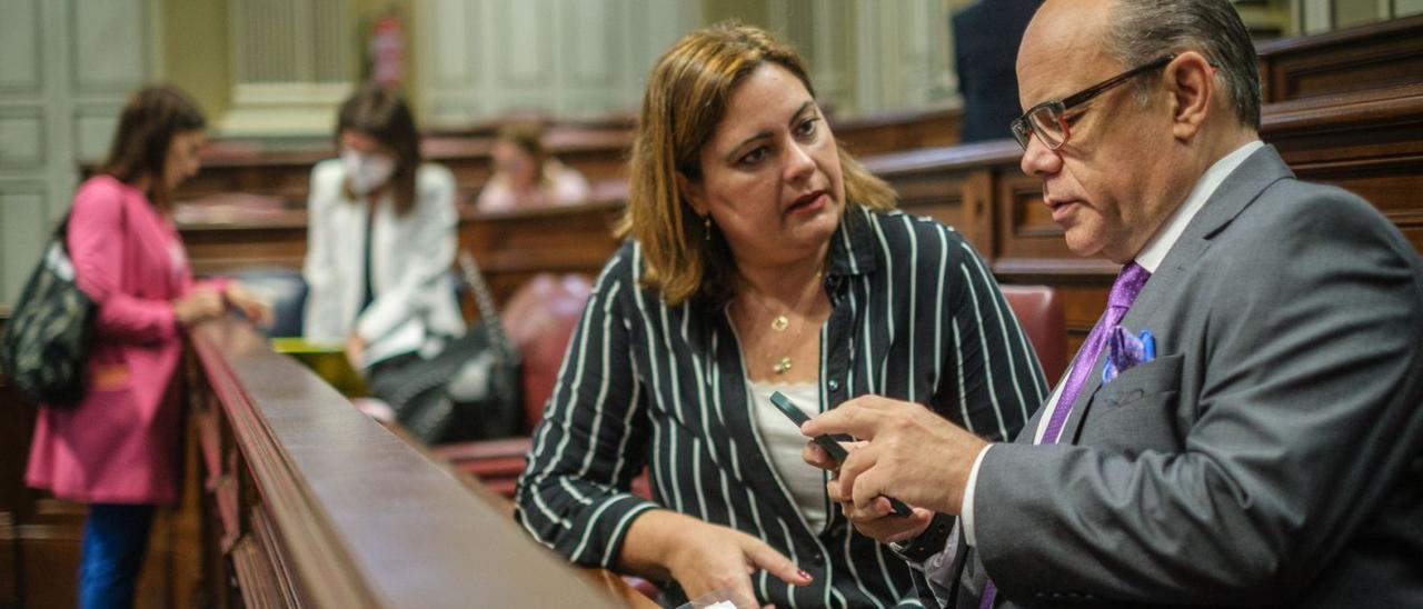 Los diputados nacionalistas Beatriz Calzada y José Miguel Barragán, ayer en el pleno del Parlamento. | | ANDRÉS GUTIÉRREZ