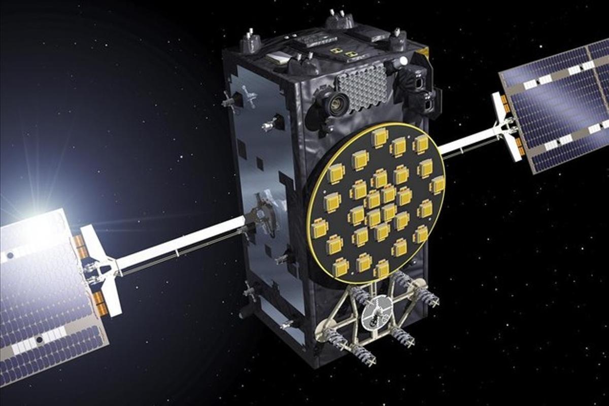 Simulació dels satèl·lits europeus Galileo amb els panells ja desplegats.