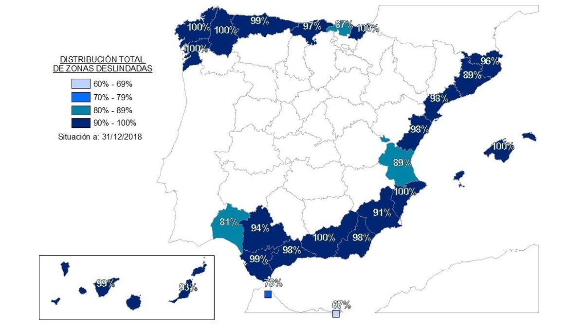 Mapa de España que presenta porcentaje de zonas deslindadas por provincia.